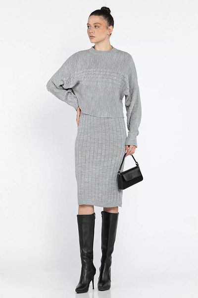 GÜLSELİ Gray Women's Double Knitwear Set with Blouse Dress Combination