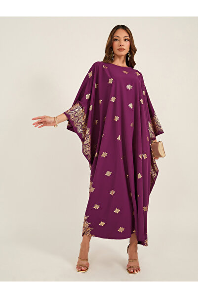 Keenly By Styli Foil Print Batwing Sleeve Round Neck Kaftan