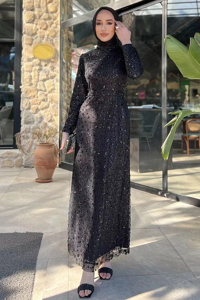 julude Μαύρο βολάν Κεντημένο Μουσουλμανικό βραδινό φόρεμα