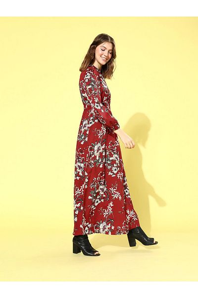 Berry Lush By Styli Long Sleeve Floral Print A-line Maxi Dress