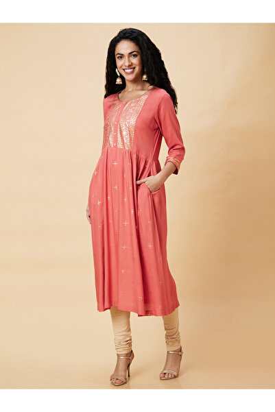 Globus By Styli Foil Print Round Neck A-Line Kurta