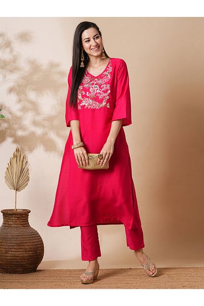 Globus By Styli Embroidered Sleeves A-Line Kurta with Straight Trousers Set