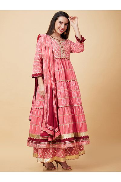 Globus By Styli Round Neck Tiered Anarkali Kurta with Sharara and Dupatta Set
