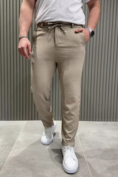MİSHAR İTALİA Beige Waist Lace-Up Men's Trousers