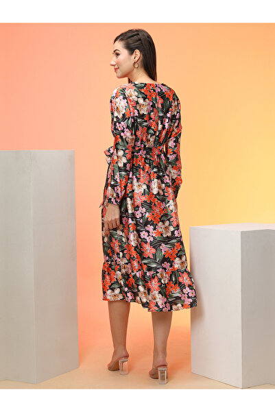 Globus By Styli All-Over Floral Print Wrap V-Neck Midi Dress with Belt
