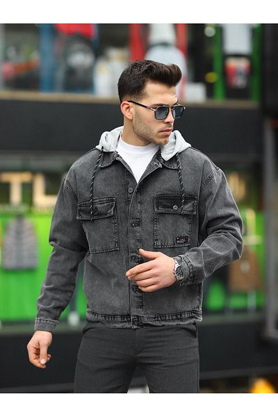 LTC Jeans سترة جينز كبيرة الحجم بغطاء للرأس وقابلة للفصل للرجال