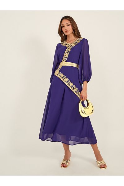 Keenly By Styli Lace Insert Balloon Sleeve V-Neck Midi Dress