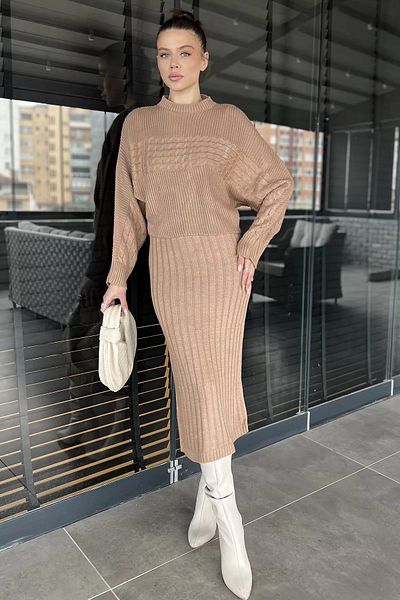 GÜLSELİ Biscuit Women's Double Knitwear Set with Blouse Dress Combination