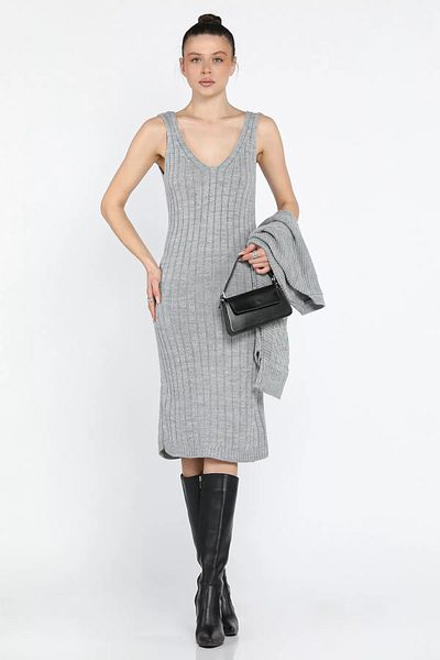 GÜLSELİ Gray Women's Double Knitwear Set with Blouse Dress Combination