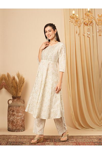 Globus By Styli Sequined Embroidered Floral Print Anarkali Kurta with Pants Set