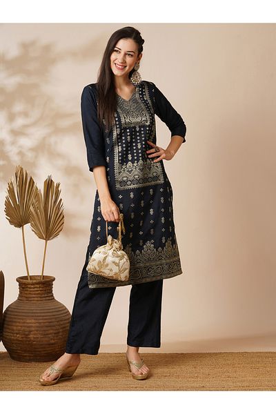 Globus By Styli V-Neck Ethnic Motifs Straight Kurta with Wide-Leg Pants Set