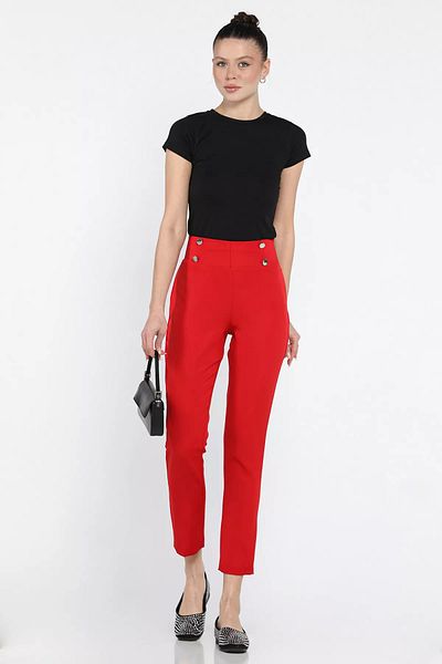 GÜLSELİ Red Elastic Waist Slim Leg Women's Fabric Trousers