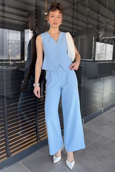 GÜLSELİ Light Blue Button Detailed Lined Women's Vest Trousers Set of Two