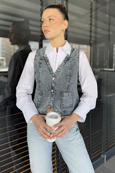 GÜLSELİ Dark Navy Blue Women's Pocket Jean Denim Vest