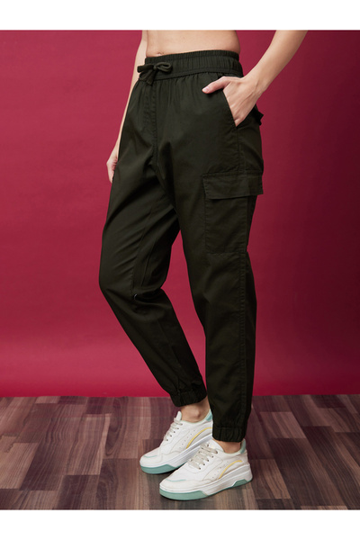 Globus By Styli Solid Mid-Rise Elasticated Waist Cargo Joggers with Drawstring