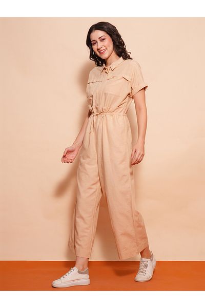 Globus By Styli Solid Spread Collar Waist Tie-Up Cargo Pockets Wide Leg Jumpsuit