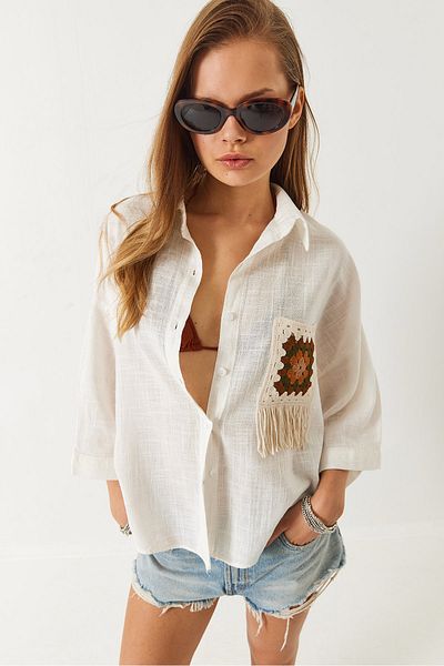 Bianco Lucci Cămașă oversize din in, cu buzunar, cu dantelă 60261392