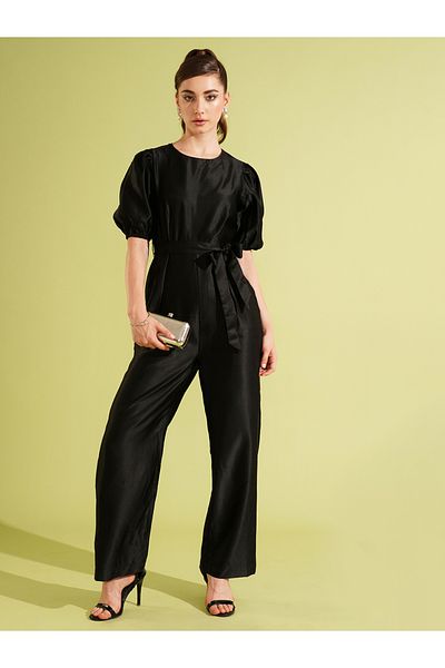 Globus By Styli Solid Satin Round Neck Puff Sleeve Waist Tie-Up Jumpsuit