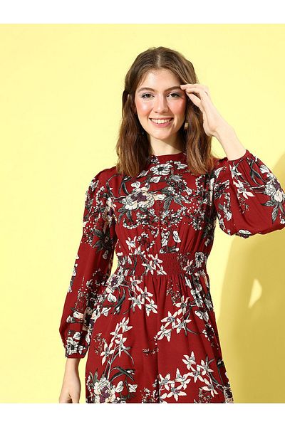 Berry Lush By Styli Long Sleeve Floral Print A-line Maxi Dress