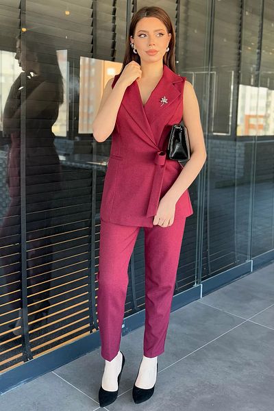 GÜLSELİ Claret Red Women's Brooch Detailed Vest Trousers Double Set
