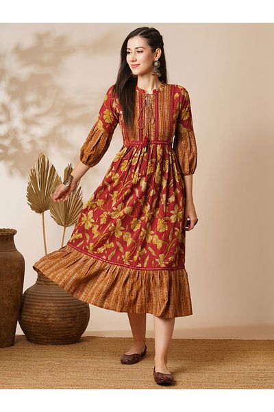 Globus By Styli Tie-Up Mandarin Neck Bishop Sleeves Floral Print Tiered Midi Dress