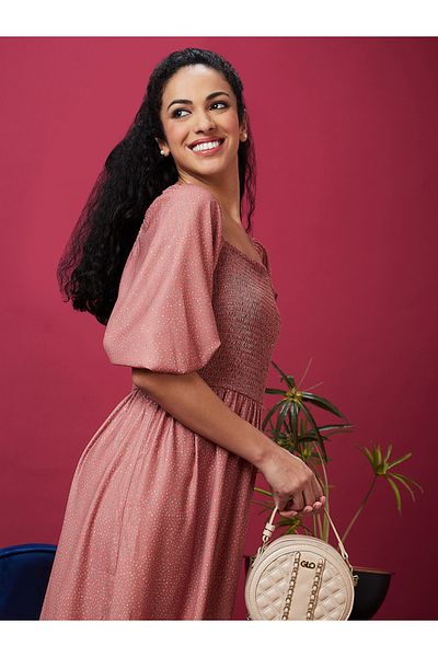 Globus By Styli Polka Dot Print Smocked A-Line Midi Dress