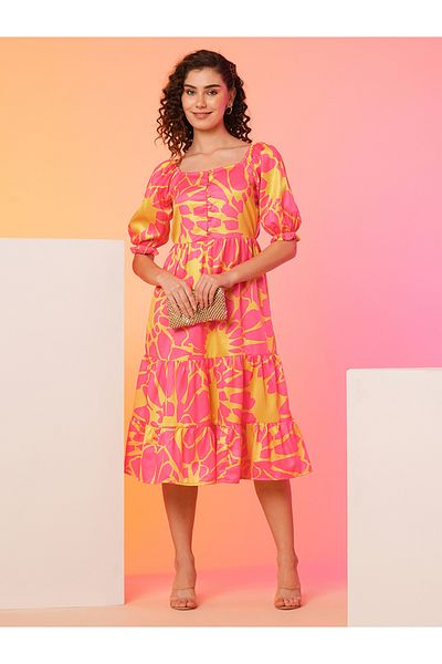 Globus By Styli All-Over Floral Print Puff Sleeve Midi Dress