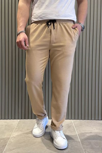MİSHAR İTALİA Μπεζ ανδρικό παντελόνι Jogger με διπλό πόδι