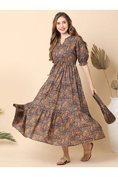 Globus By Styli فستان ماكسي بأكمام منفوخة وياقة ماندرين وطبعات كاملة