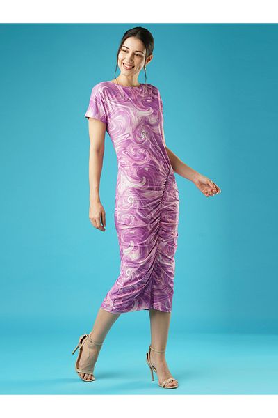 Globus By Styli Abstract Printed Ruched Bodycon Midi Dress