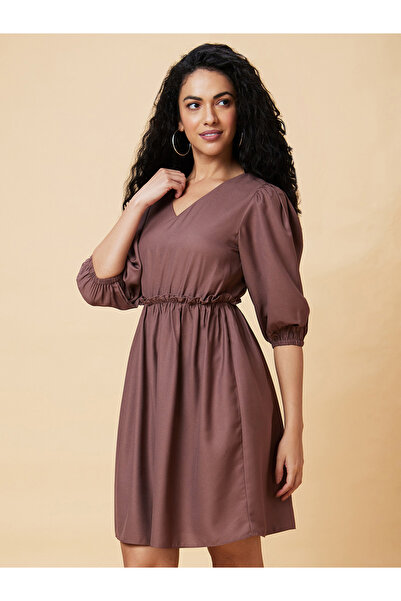 Globus By Styli Solid V-Neck Puff Sleeve A-Line Mini Dress