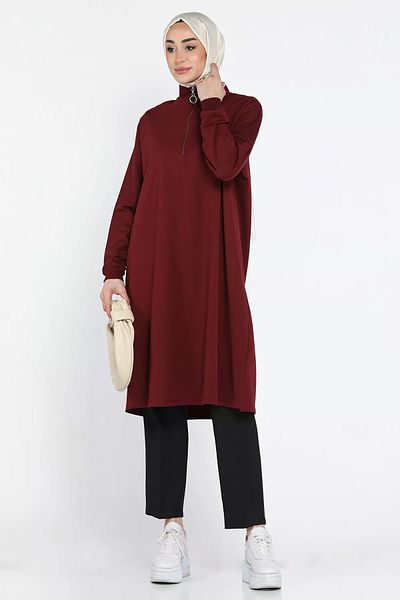julude Tunica Hijab pentru femei, cu jumătate de fermoar, cu guler ridicat, de culoare burgundă