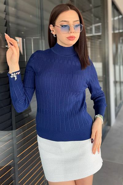 GÜLSELİ Navy Blue Women's Half Fisherman Patterned Lycra Knitwear Blouse