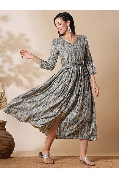 Globus By Styli Embroidered Notch Neck Front Slit A-Lin Midi Dress with Belt