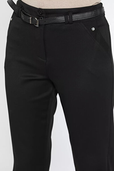 Zehra Gül Siyah Büyük Beden Taş Detaylı Kemerli Kadın Kumaş Pantolon