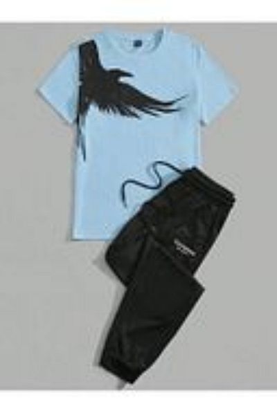 PENTHİLUS Unisex Big Eagle Printed Short Sleeve T-Shirt and Long Pants Set Comfortable All Seasons Fabric