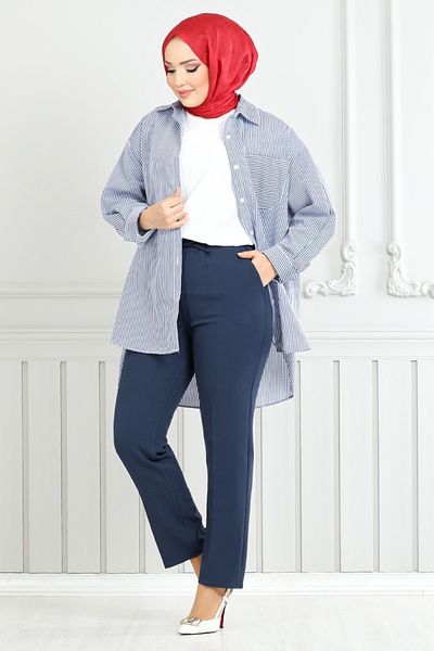 ModaMerve Elastic Waist Trousers Navy 4022Ygs898-M