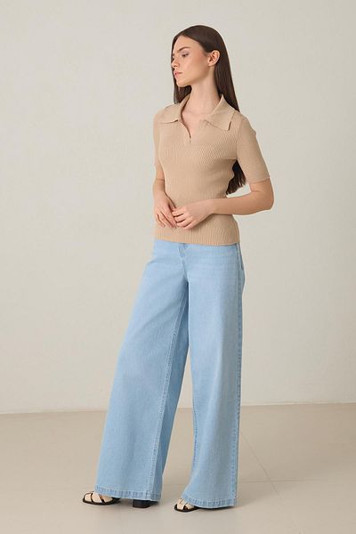 Setre Bluză din tricot cu mânecă scurtă cu guler cămașă bej