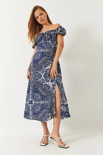 Bianco Lucci Women's Lace-Up Collar Slit Detailed Patterned Midi Dress 60261478