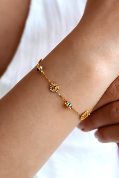 SEMİZ KUYUMCULUK Nazar Boncuklu Tuğralı Altın Bileklik