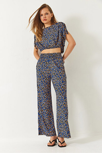 Bianco Lucci Women's Palazzo Trousers with Tie-Up Flower Patterned Rubber Detailed Bottom-Top Set 60261465