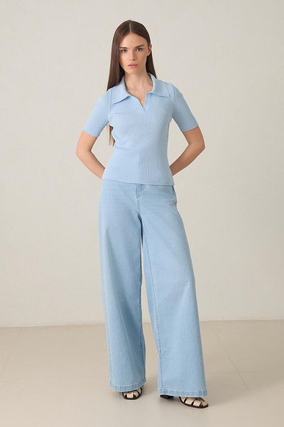 Setre Bluză din tricot cu mânecă scurtă cu guler cămașă albastră