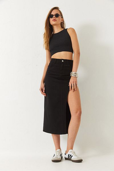 Bianco Lucci High Waist Midi Length Denim Skirt with Slit Detail 60261482