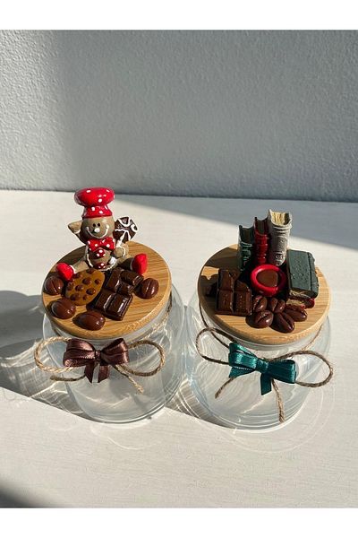 GÖNÜL MUTFAK Ceramic Varnish Coffee & Cookie Man Combination Bamboo Lid Jar 500 ml Set of 2