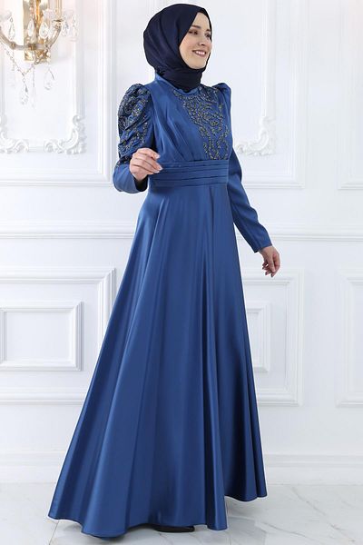 Amine Hüma Βραδινό φόρεμα Navy Blue Satin Rümeysa