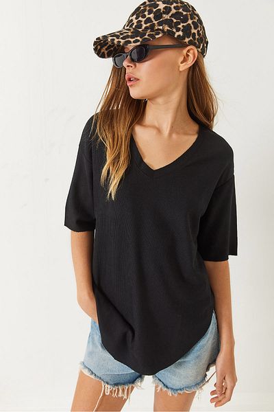 Bianco Lucci Women's V-Neck Oval Cut Wrap Basic T-Shirt 60261484