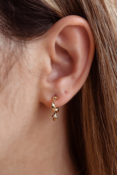 SEMİZ KUYUMCULUK Minimal Kıvrımlı Halka 14 Ayar Altın Küpe