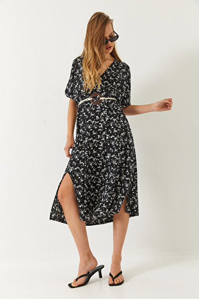 Bianco Lucci Γυναικείο φόρεμα με διπλό στήθος με λαιμόκοψη με ελαστική ζώνη μέσης με λεπτομέρεια με κοντό μανίκι 60261467