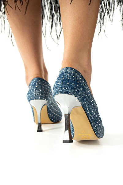 Güllü Shoes Şık Mavi Jeans İnci Detaylı Stiletto Şeffaf Topuk Kadın Lüks Topuklu Ayakkabı