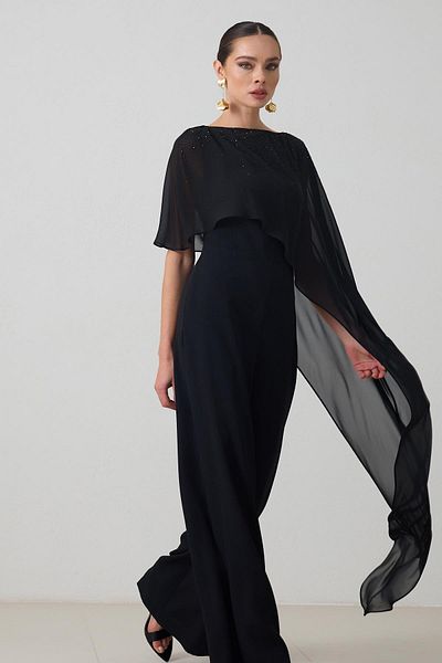 Setre Black Stone Asymmetrical Tulle Detailed Jumpsuit